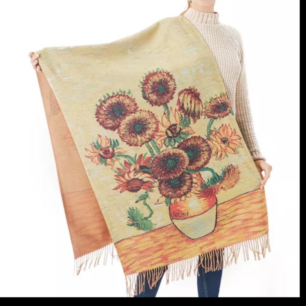 NWT Cashmere Scarf For Women Elegant Flowers Sunflowers. Art